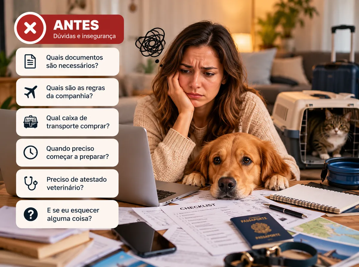 ANTES: tutora preocupada diante do notebook, com o cão e o gato, cercada de dúvidas sobre documentos, regras da companhia, caixa de transporte, prazos e atestado