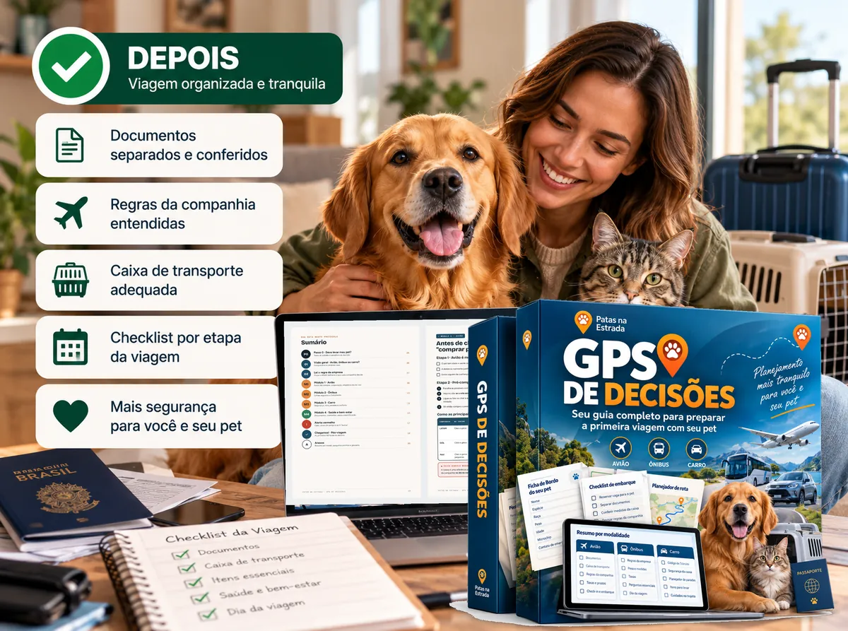DEPOIS: tutora sorrindo com o cão e o gato, o GPS de Decisões aberto no notebook e a capa oficial sobre a mesa, com documentos, regras, caixa e checklist organizados