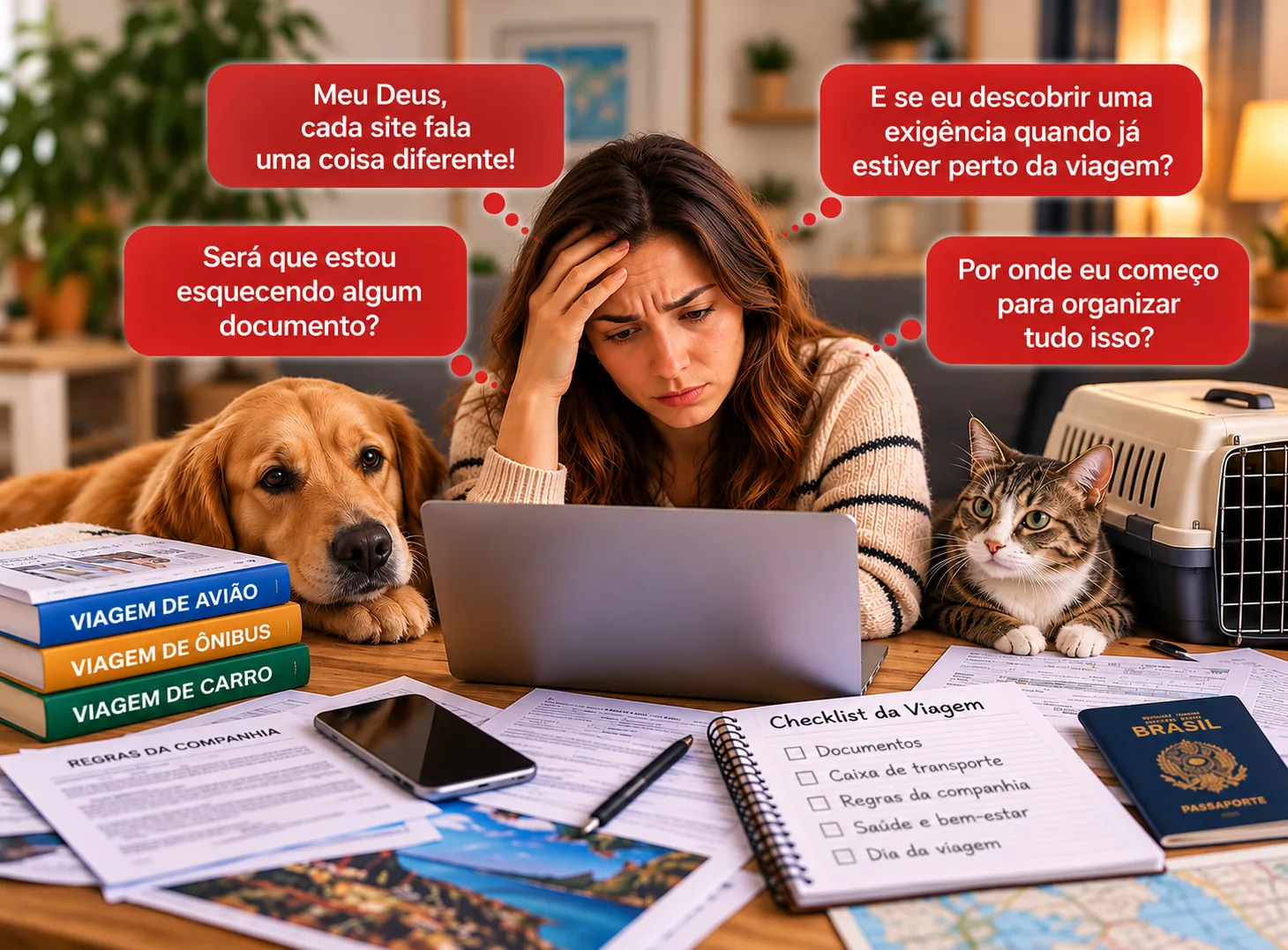 Tutora preocupada diante do notebook, com a mão na testa, o cão e o gato ao lado e papéis de viagem na mesa, pensando: Meu Deus, cada site fala uma coisa diferente! Será que estou esquecendo algum documento? E se eu descobrir uma exigência quando já estiver perto da viagem? Por onde eu começo para organizar tudo isso?